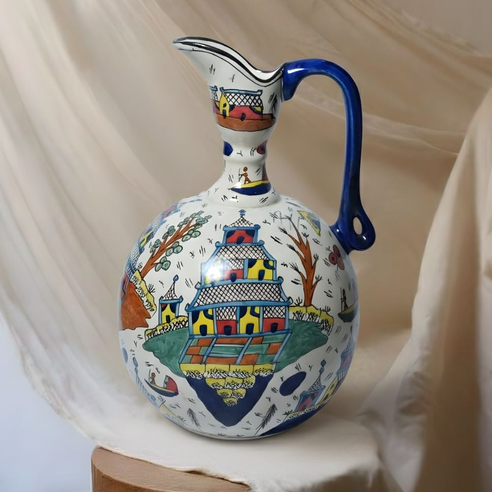 multicolour chinese ceramic round short neck decorative pitcher elegant home decor accent showpiece with traditional artistic design